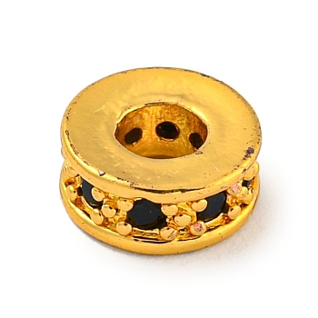 Brass Micro Pave Black Cubic Zirconia Beads, Flat Round, Real 18K Gold Plated, 7x2.5mm, Hole: 3mm