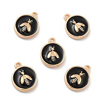 Alloy Enamel Charms, Light Gold, Flat Round with Bee, Black, 14~14.5x11.5x3.5mm, Hole: 1.6mm