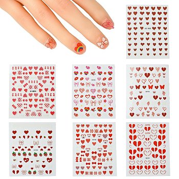 7 Sheets 7 Styles Valentine's Day Theme Paper Nail Art Sticker, DIY Nail Art Decoration, Heart Pattern, Mixed Color, 92~125x72~80x0.3~0.4mm, 1 sheets/style