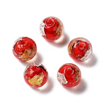 Handmade Lampwork Bead, with Gold Foil, Round, Red, 11.5~12x11~11.5mm, Hole: 1.8~2mm