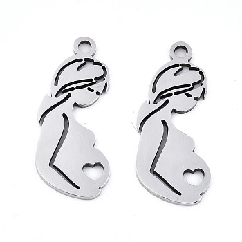 Mother's Day 201 Stainless Steel Pendants, Laser Cut, Pregnant Woman, Stainless Steel Color, 23x10x0.9mm, Hole: 1.6mm