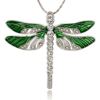 Platinum Alloy Enamel Dragonfly Big Pendants, with Rhinestone, Green, 57x64x5mm, Hole: 2mm