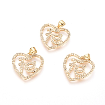 Brass Micro Pave Clear Cubic Zirconia Pendants, Long-Lasting Plated, Heart with Word, Golden, 19x20x1.5mm, Hole: 4x3mm