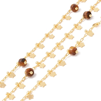 Natural Tiger Eye Column Beaded Chains, with Brass Paperclip Chains and Star Charm, Soldered, with Spool, Lead Free & Cadmium Free, Golden, 2x1x0.5mm, 5x3x1mm