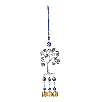 Tree Alloy Big Pendant Decorations, with Evil Eye Resin Beads, Iron Bell,  Polyester Cord, Wall Hanging Decoration, Antique Silver & Golden, 325mm