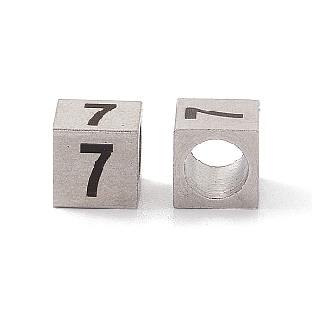 303 Stainless Steel European Beads, Large Hole Beads, Cube with Number, Stainless Steel Color, Num.7, 7x7x7mm, Hole: 5mm