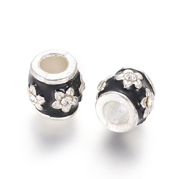 Alloy Enamel European Beads, with Grade A Rhinestones, Large Hole Beads, Barrel, Silver Color Plated, Black, 9x9mm, Hole: 4.5mm