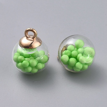 Transparent Glass Globe Pendant, with Glass Beads inside and CCB Plastic Pendant Bails, Round, Golden, Lawn Green, 21x16mm, Hole: 2mm