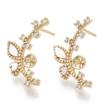 Brass Micro Pave Clear Cubic Zirconia Stud Earring Findings, with Acrylic, Real 18K Gold Plated, For Half Drilled Beads, Nickel Free, Flower with Butterfly, 20x12mm, Pin: 1mm, Pin: 0.8mm(For Half Drilled Beads)