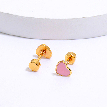 Heart Stainless Steel Stud Earring, with Enamel, Real 18K Gold Plated, Flamingo, 6x6mm
