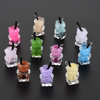 Imitation Bubble Tea/Boba Milk Tea Opaque Resin Pendants, Boba Polymer Clay inside, with Acrylic Cup and Iron Finding, Bear, Mixed Color, 24~32x14x13mm, Hole: 1.8mm
