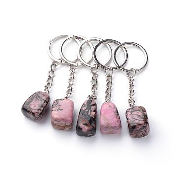 Natural Rhodonite Keychain, with Iron Findings, Platinum, 85~94mm