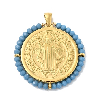 Ion Plating(IP) 304 Stainless Steel Pendants, with Glass Beads, Real 18K Gold Plated, Flat Round, Cadet Blue, 34x34.5x3mm, Hole: 3.5x3mm