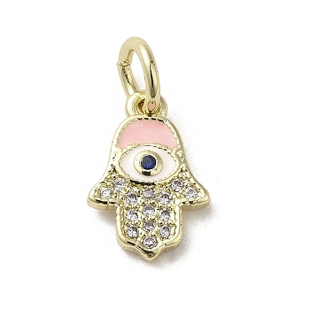 Brass Micro Pave Cubic Zirconia Charms, with Enamel, with Jump Ring, Real 18K Gold Plated, Hamsa Hand/Hand of Miriam with Evil Eye, Pink, 13x9x1.8mm, Hole: 3.8mm