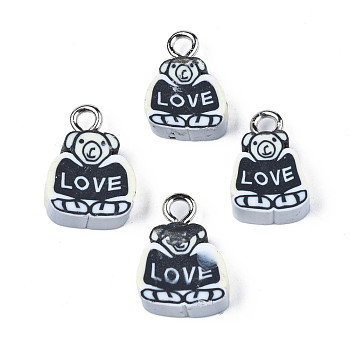 Handmade Polymer Clay Charms, with Platinum Tone Iron Loop, Bear with Word LOVE, Black, 13~14.5x9~11x4.5mm, Hole: 2mm