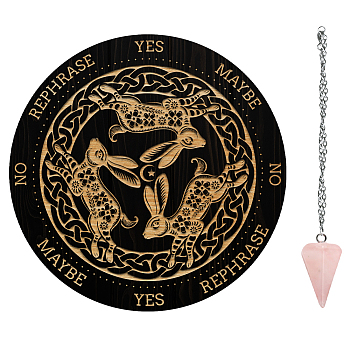 AHADEMAKER 1Pc Wood Pendulum Board, 1Pc 304 Stainless Steel Cable Chain Necklaces, 1Pc Natural Rose Quartz Stone Pendants, for Witchcraft Wiccan Altar Supplies, Rabbit, Board: 200x4mm