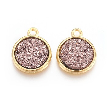 Resin Pendants, with Golden Tone Alloy Findings, Flat Round, Rosy Brown, 18x15x3.5~4mm, Hole: 1.8mm