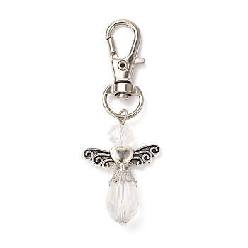 Faceted Teardrop Glass Pendants, with Faceted Glass Beads, Alloy Heart Beads & Swivel Lobster Claw Clasps, Iron Pins & Bead Caps, Angel, Clear, 63mm, Pendant: 34x23.5x9.5mm