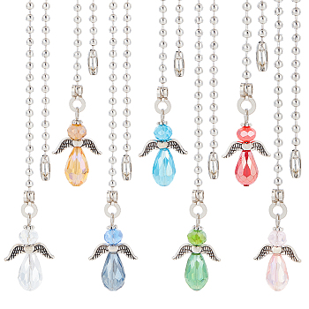 Faceted Glass Ceiling Fan Pull Chain Extenders, with Ironl Ball Chain, Angel, Mixed Color, 342mm, 7 colors, 1pc/color, 7pcs/set
