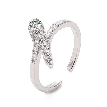Green Cubic Zirconia Snake Open Cuff Ring, Brass Jewelry for Women, Platinum, Inner Diameter: 17.6mm