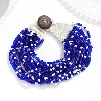 Bohemia Style Glass Beaded Multi-strand Bracelets for Women, Cotton Cord Knitting Bracelets with Coconut Clasp, Dark Blue, 7-5/8 inch(19.5cm)