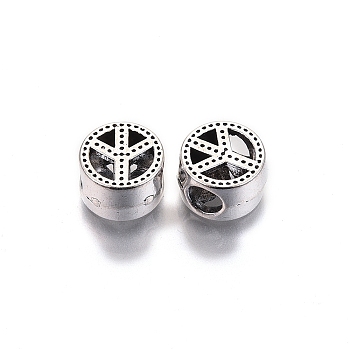 Tibetan Style Alloy European Beads, Large Hole Beads, Cadmium Free & Lead Free, Flat Round with Peace Sign, Antique Silver, 10.5x6.5mm, Hole: 4mm, about 510pcs/1000g