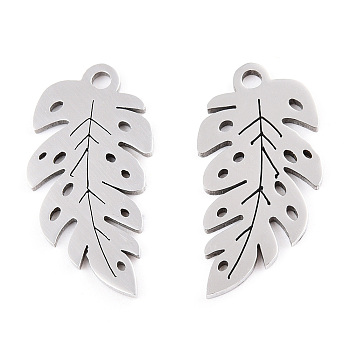 201 Stainless Steel Pendants, Leaf Charm, Stainless Steel Color, 21x10.5x1mm, Hole: 1.5mm