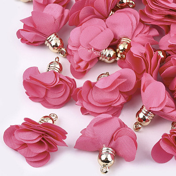 Cloth Pendants, with CCB Plastic, 6-Petal, Flower, Golden, Hot Pink, 26~27x17~28mm, Hole: 1.6mm