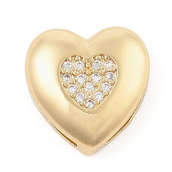 Brass Micro Pave Cubic Zirconia Slide Charms, Long-Lasting Plated, Heart, Golden, 12.5x12.5x5mm, Hole: 1.5x2.5mm and 11x1.5mm