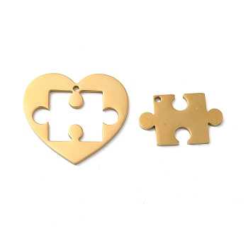 Ion Plating(IP) 304 Stainless Steel Split Pendants, Heart and Puzzle Charm, Real 18K Gold Plated, 25x28x1.5mm, Hole: 1.5mm
