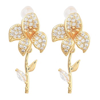 Brass Micro Pave Clear Cubic Zirconia Stud Earrings, Nickle Free, Flower, Real 18K Gold Plated, 27x14mm