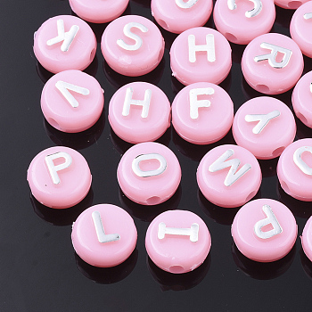Plating Opaque Acrylic Beads, Metal Enlaced, Horizontal Hole, Flat Round with Letter, Pink, 10x6mm, Hole: 1.8mm, about 1580pcs/500g