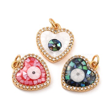 Natural Shell Pendants, with Clear Cubic Zirconia and Golden Brass Findings, Long-Lasting Plated, Heart, Mixed Color, 16x14.5x4mm, 3.5mm Inner Diameter(KK-K257-04)