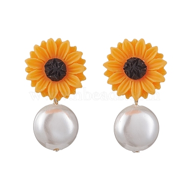 Orange Flower Pearl Stud Earrings