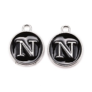 Platinum Plated Alloy Charms, Cadmium Free & Lead Free, with Enamel, Enamelled Sequins, Flat Round with Letter, Letter.N, 14x12x2mm, Hole: 1.5mm(ENAM-S118-02N-P)