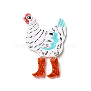 Printed Acrylic Pendants, with Glitter Powder, Rooster Charm, White, 44x30x2.3mm, Hole: 1.8mm(MACR-K330-17A)
