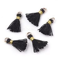Polycotton(Polyester Cotton) Tassel Pendant Decorations, Mini Tassel, with Iron Findings and Metallic Cord, Light Gold, Black, 10~15x2~3mm, Hole: 1.5mm(FIND-S281-02)