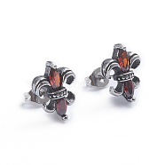 Retro 304 Stainless Steel Stud Earrings, with Cubic Zirconia and Ear Nuts, Fleur De Lis, Red, Antique Silver, 13x9.5mm, Pin: 0.6mm(X-EJEW-L248-052AS)