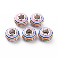 Resin European Stripe Beads, Large Hole Beads, with Silver Color Plated Brass Cores, Rondelle, Colorful, 14x8.5mm, Hole: 5mm(RPDL-T003-004K)