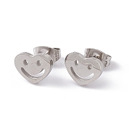 304 Stainless Steel Tiny Hollow Out Heart with Smiling Face Stud Earrings for Women, Stainless Steel Color, 7x10mm, Pin: 0.7mm(STAS-A065-02P)