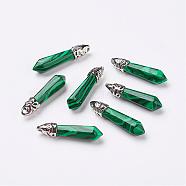 Synthetic Malachite Pointed Pendants, with Platinum Tone Alloy Findings, Bullet, 33~40x8~9x8~9mm, Hole: 3x4mm(G-P309-10)