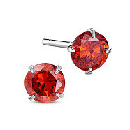 SHEGRACE Rhodium Plated 925 Sterling Silver Four Pronged Ear Studs, with AAA Cubic Zirconia and Ear Nuts, Orange Red, 4mm(JE420C-01)