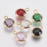 Glass Charms, with Brass Findings, Faceted Flat Round, Nickel Free, Real 18K Gold Plated, Mixed Color, 9.5x7x3mm, Hole: 1.2mm(KK-Q752-006G)