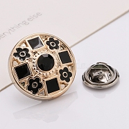 Plastic Brooch, Alloy Pin, with Rhinestone, Enamel, for Garment Accessories, Round with Flower & Square, Black, 25mm(SENE-PW0013-07C-11A)