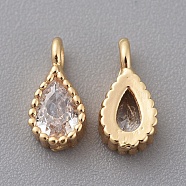 Brass Cubic Zirconia Charms, Teardrop, Real 18K Gold Plated, Clear, Nickel Free, 8x4x2mm, Hole: 1mm(X-ZIRC-Q014-057G)