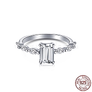 Rhodium Plated 925 Sterling Silver Finger Rings, Birthstone Ring, with 5A Cubic Zirconia Rectangle for Women, Real Platinum Plated, Clear, 1.7mm, US Size 7(17.3mm)(RJEW-A019-28B-01P)