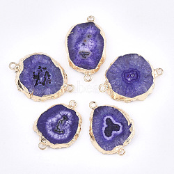 Electroplate Natural Druzy Agate Links connectors, with Iron Findings, Dyed, Golden, Blue Violet, 30~45x15~35x3~7.5mm, Hole: 2mm(G-T112-07D)