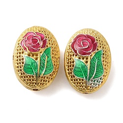 Rack Plating Brass Enamel Beads, Cadmium Free & Lead Free, Oval with Flower, Real 18K Gold Plated, Long-Lasting Plated, Cerise, 19.5~20x14~14.5x10.5m~11.5m, Hole: 1.6mm(KK-P276-26C-02G)