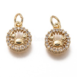 Brass Micro Pave Clear Cubic Zirconia Charms, Long-Lasting Plated, with Jump Ring, Flat Round with Crab, Golden, 12x9x2.5mm, Jump Ring: 5x1mm, 3mm Inner Diameter(ZIRC-C020-64G)