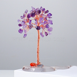 Natural Amethyst Chips Tree of Life Decorations, Natural Agate Slices Base with Copper Wire Feng Shui Energy Stone Gift for Women Men Meditation, 110~20mm(DJEW-PW0012-044G)